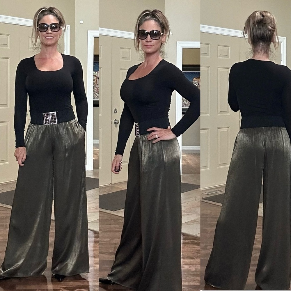 Zara khaki green aged gold wrinkle effect wide leg pull on pants Sz S NWT